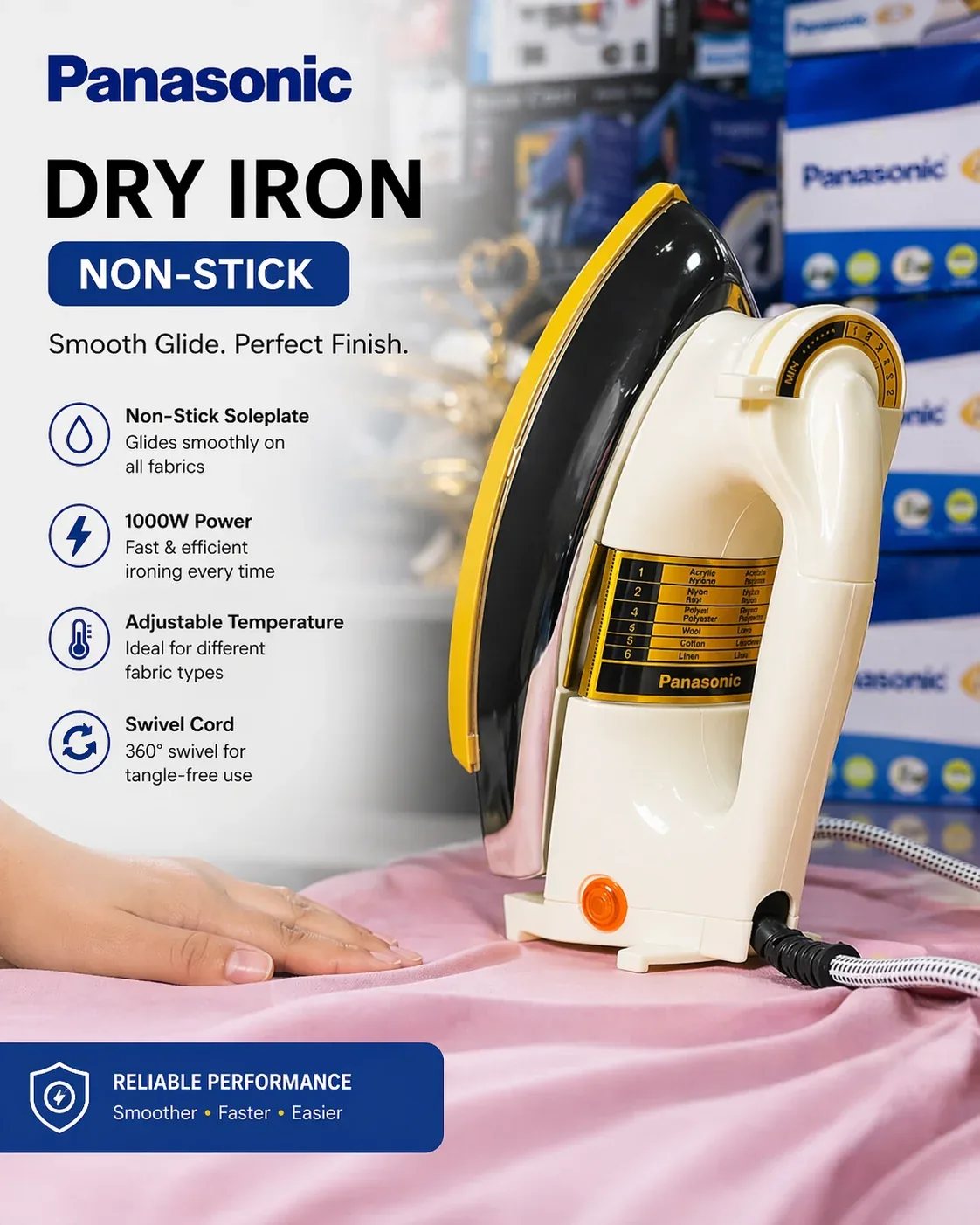 Panasonic 1000W Dry Iron – Fast Heating, Non-Stick Soleplate & Swivel Cord
