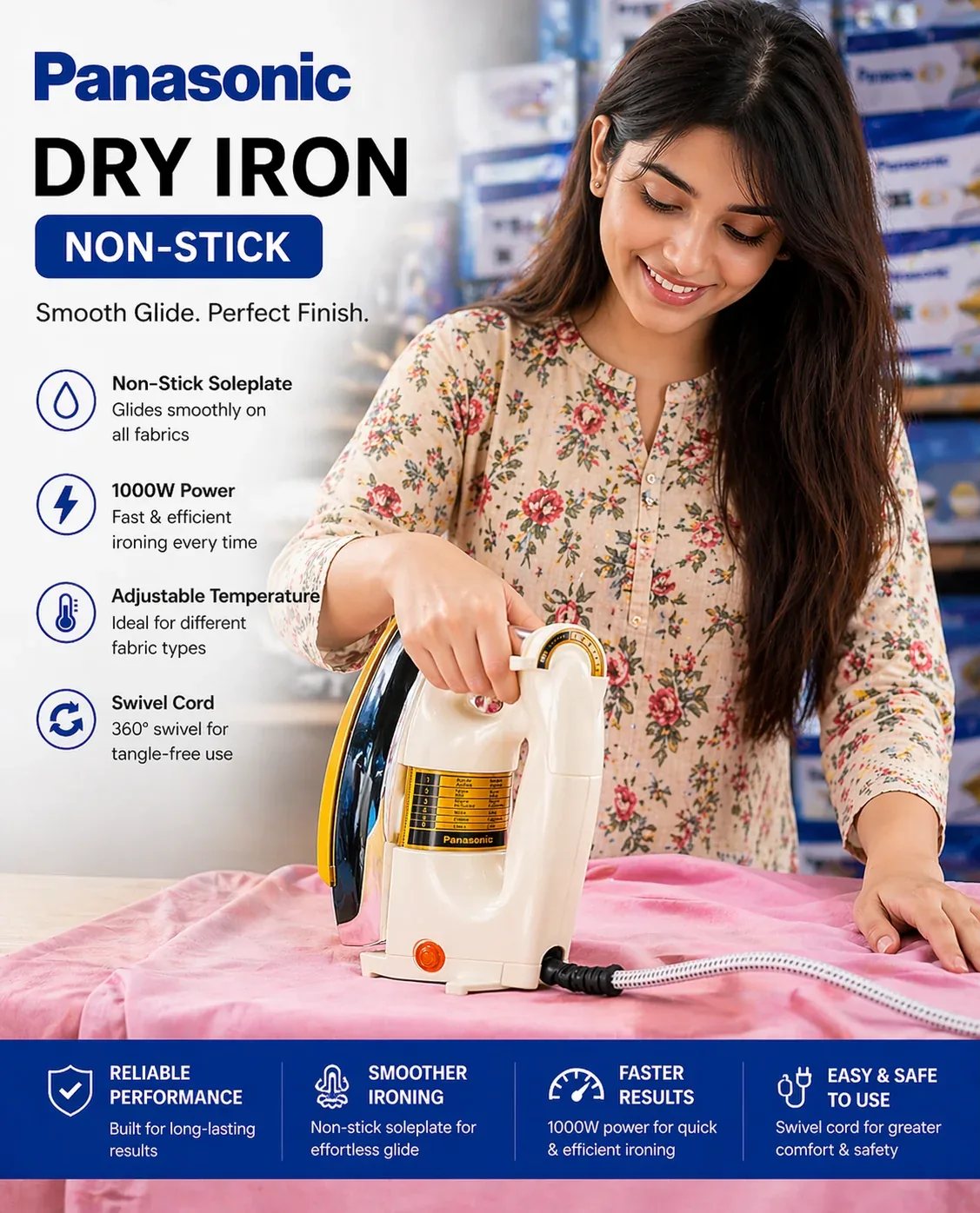 Panasonic 1000W Dry Iron – Fast Heating, Non-Stick Soleplate & Swivel Cord