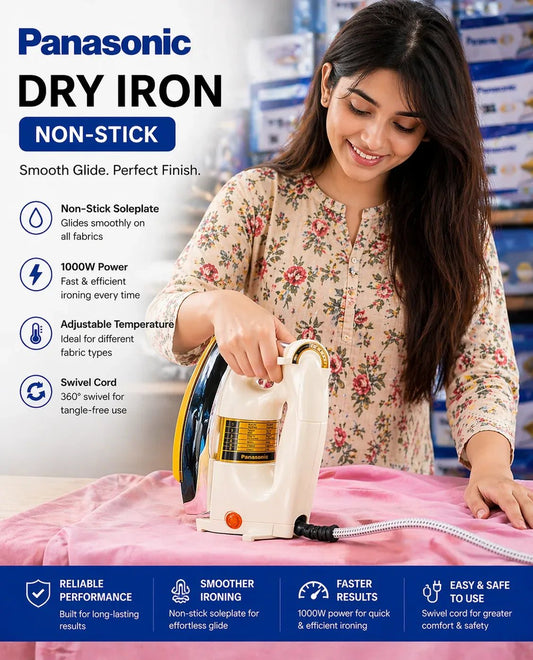 Panasonic 1000W Dry Iron – Fast Heating, Non-Stick Soleplate & Swivel Cord
